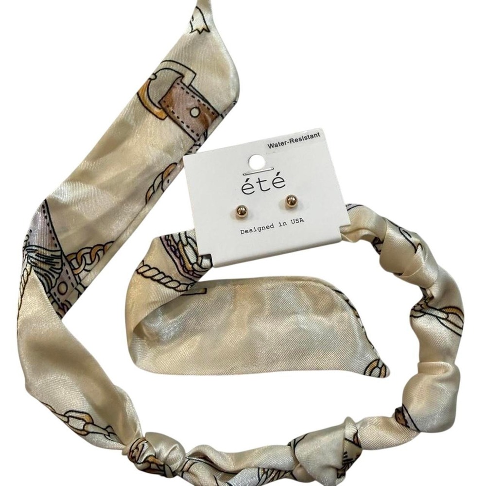 NWT Été Satin Chain Print Headband & Gold Ball Stud Earrings Gift Set